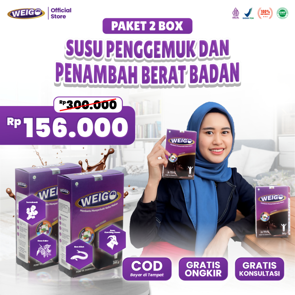 

WEIGO PAKET 2 BOX Susu Herbal Penggemuk Penambah Berat Badan Nafsu Makan Tubuh Ideal BPOM