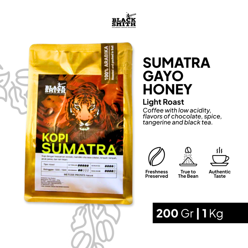 

Kopi Bubuk Arabica Blacsmith Coffe Sumatra Aceh Gayo Honey Light Roast Emas