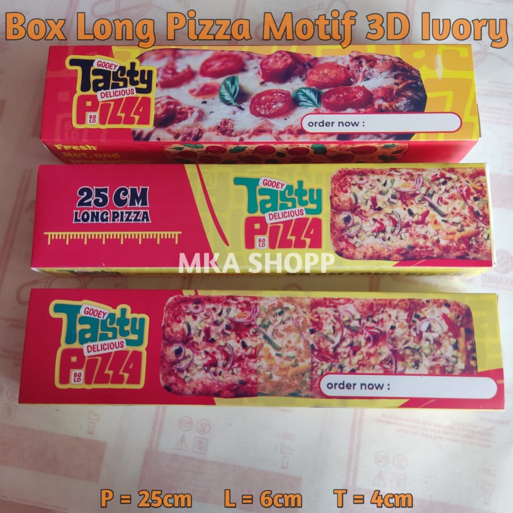 100 lembar Box Long Pizza Motif 3D Ivory Ukuran 25×6×4 cm / Kardus Tasty Pizza / Wadah Pizza Panjang