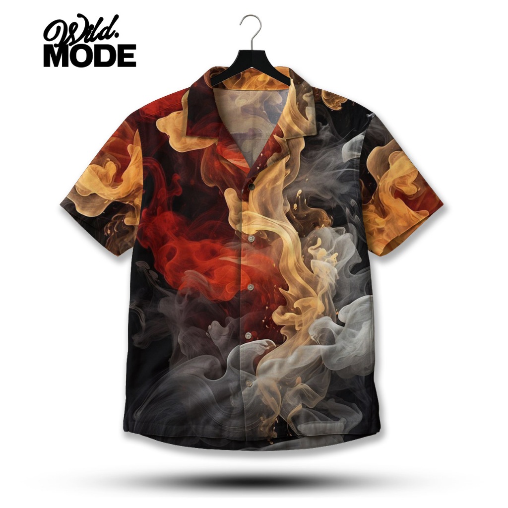 WILD Kemeja Full Print Abstrak Asap Merah Kuning – Desain Artistik Liquid Smoke | WD-535