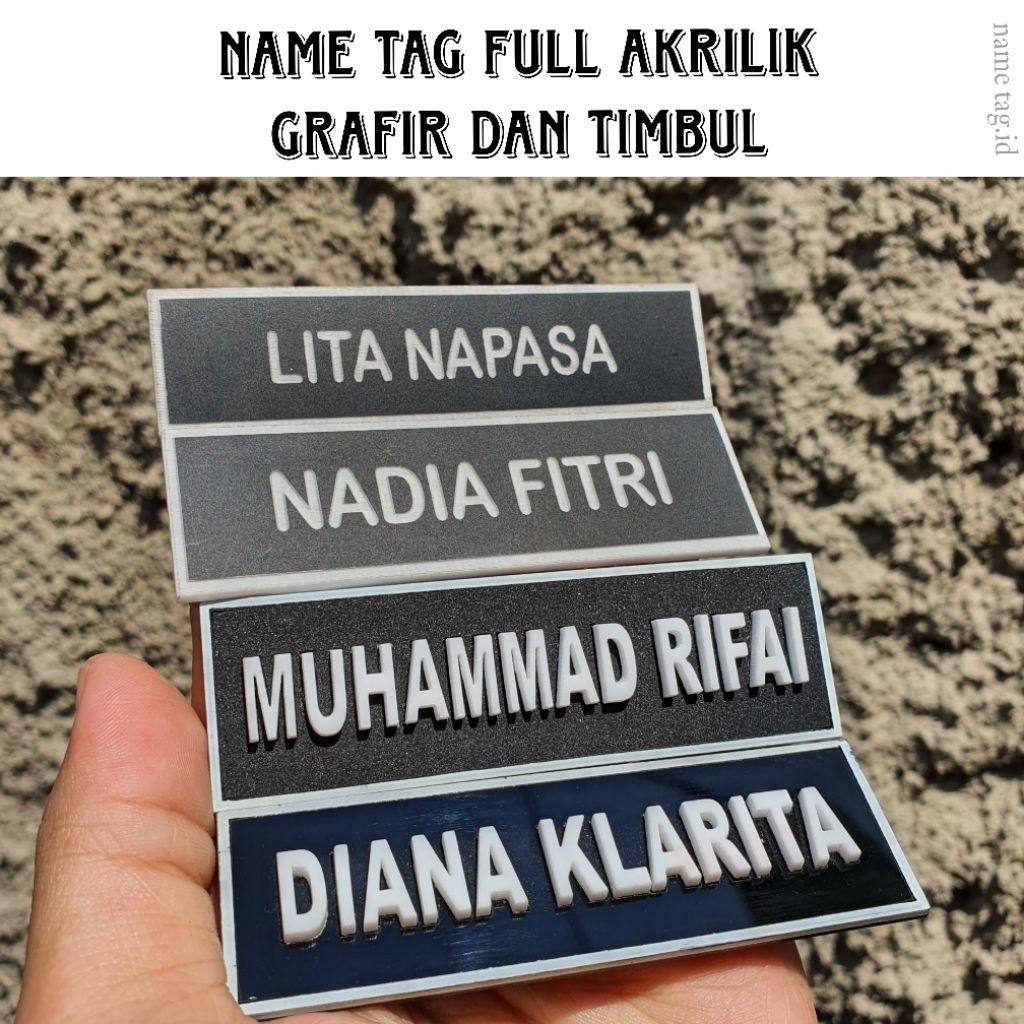 

Papan Nama Dada / Name Tag Grafir & Timbul Full Akrilik 2mm ukuran 2×8cm dan 2,5×8cm SATU HARI PENGERJAAN