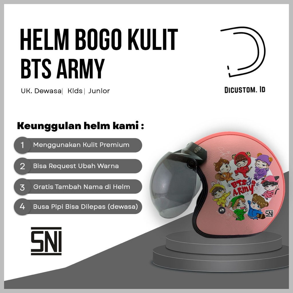 Helm Bogo Retro Kulit Special Edition  BTS x BT21 Friend Free Tambah Nama SNI | Helm Dewasa & Anak