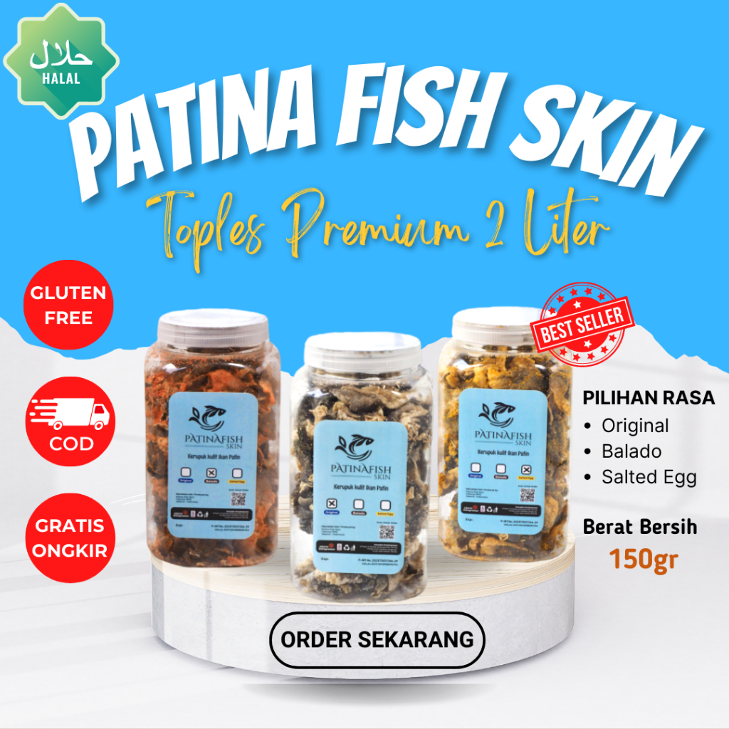 

Kerupuk Kulit Ikan Patin Kemasan Toples 2 Liter 150g Original, Balado, dan Salted Egg Fish Skin - Cemilan Keripik Lokal Gurih Premium HALAL