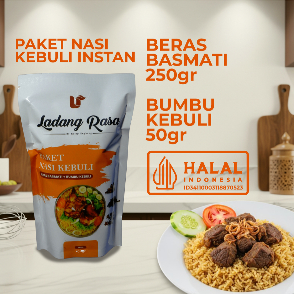 

Ladang Rasa Nasi Kebuli Instan Paket Beras Basmati 250gr Bumbu Nasi Kebuli Instan 50gr Bumbu Pasta Basah Lengkap Bawang Rempah dan Minyak Samin