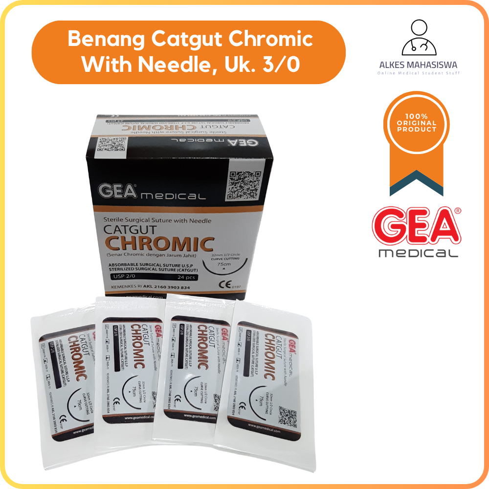 Benang CatGut CHROMIC 3/0 WITH NEEDLE Dengan Jarum GEA Medical