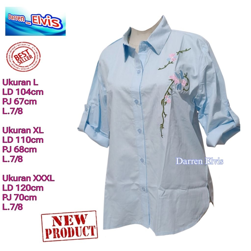 Kemeja Katun Biru Pastel Wanita Bordir Bunga Bunga 001