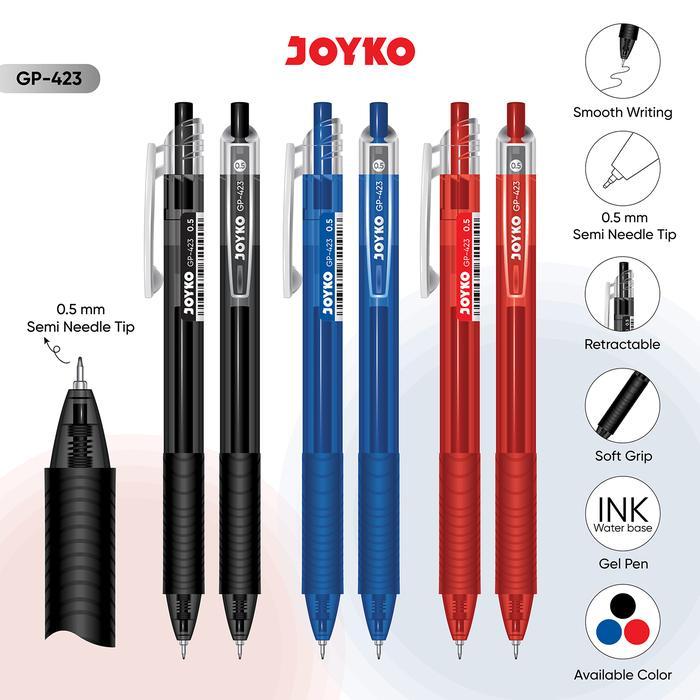 

Gel Pen Joyko GP-423 Soft Grip Semi Needle Tip 0.5mm Retractable Original (12 PCS) / Ballpoint Bolpen Pulpen Cetek Joyko GP 423 0.5 Mili Per Lusin