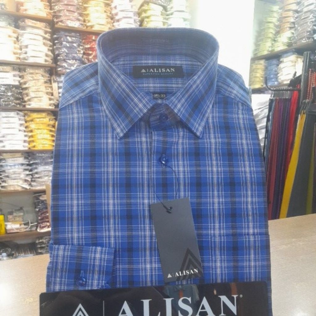 Alisan Kemeja Lengan Panjang Reguler Garis Kotak Biru