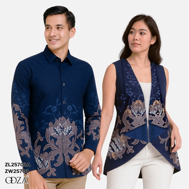 Seragam Kemeja Luaran Rompi Couple Batik Pria Wanita Lengan Panjang Aswana Navy