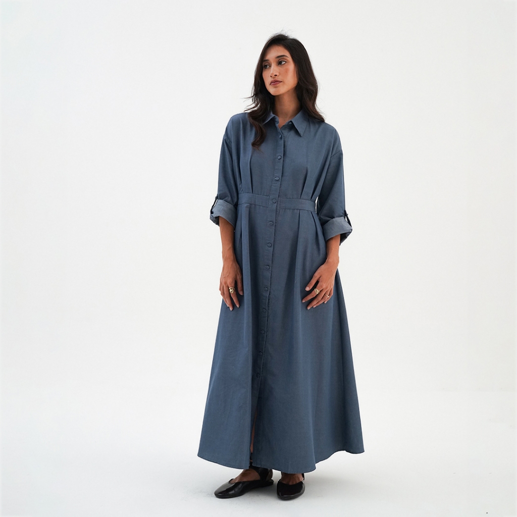Queensland Denim Shirt Dress Lengan Panjang LIN000627Q Biru
