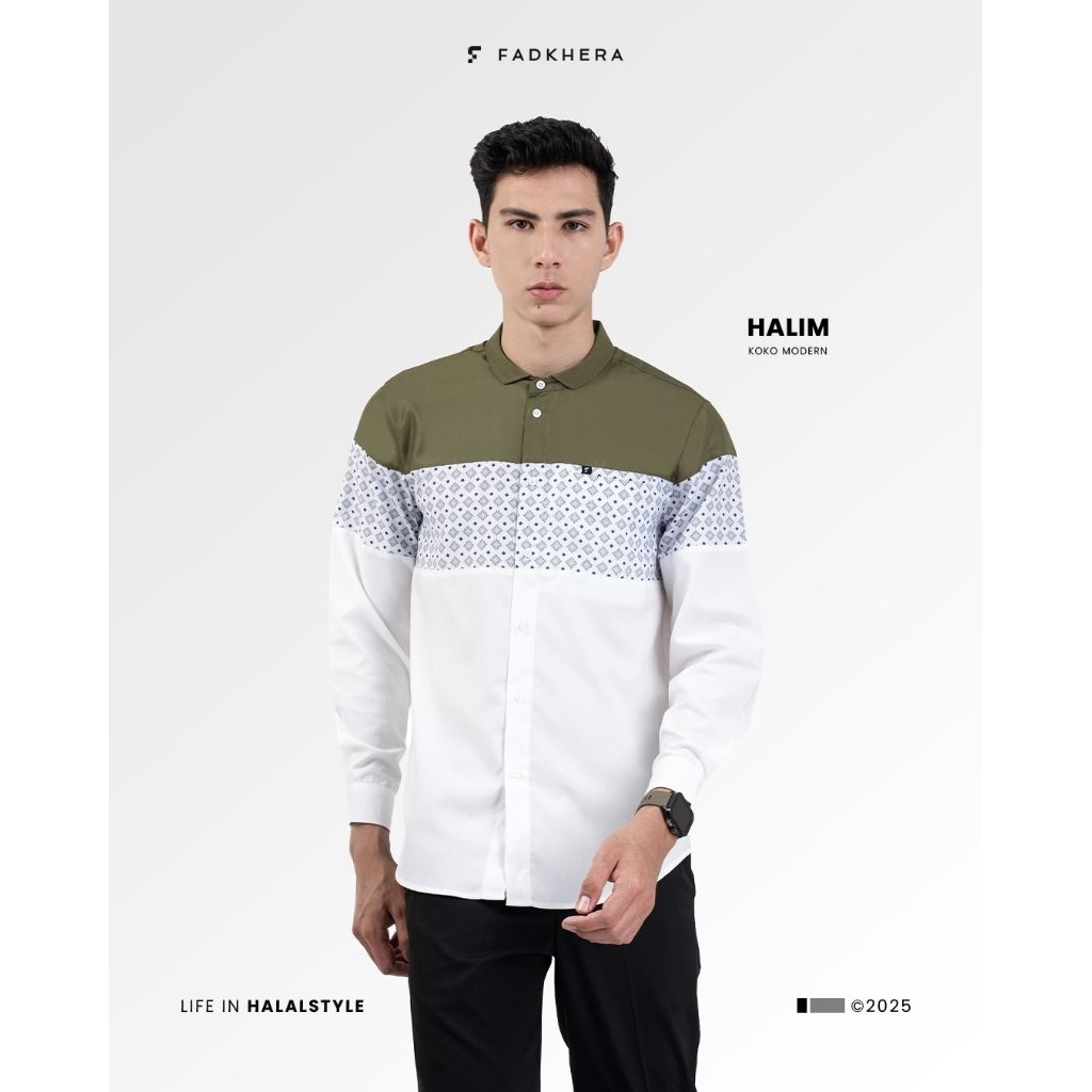 Fadkhera HALIM Koko Modern Kemeja Pria Motif Putih Sage Green