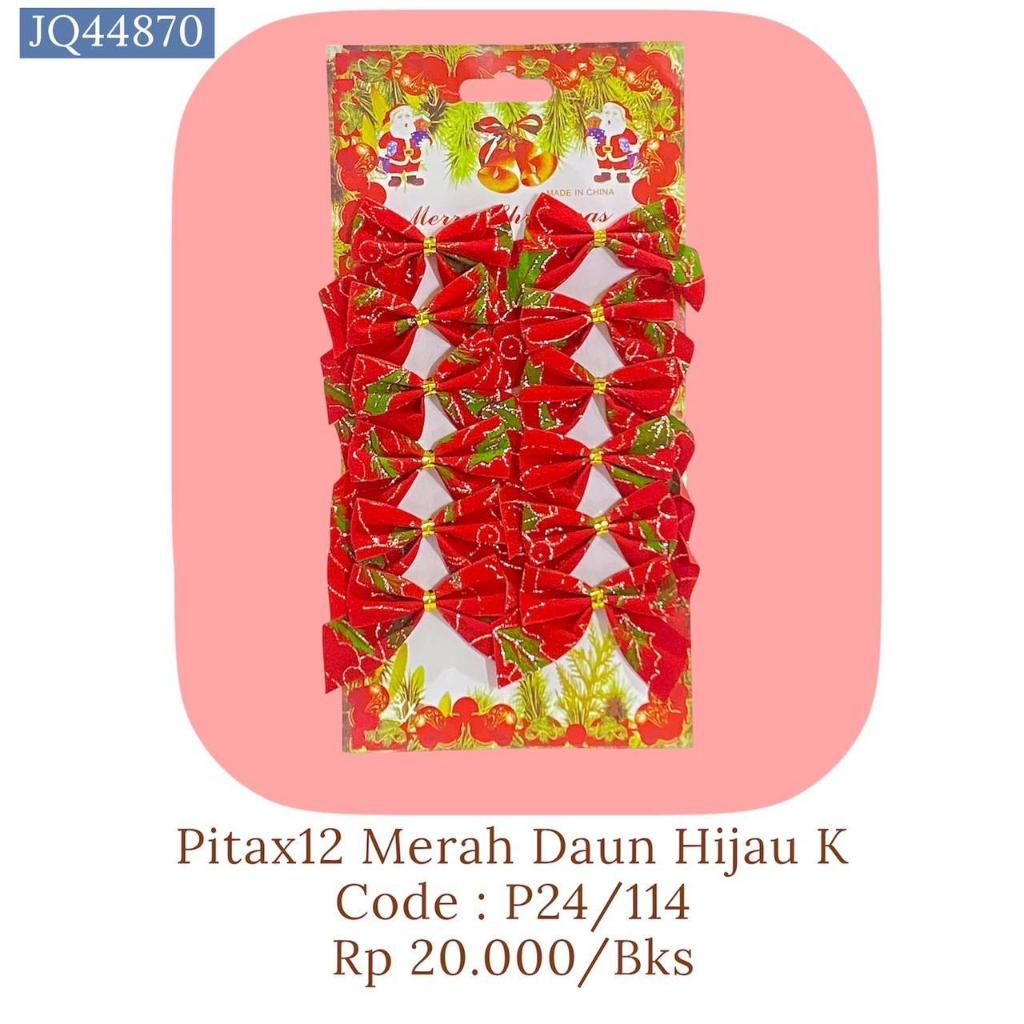Hiasan Natal Pita 12Pcs Merah Daun Hijau