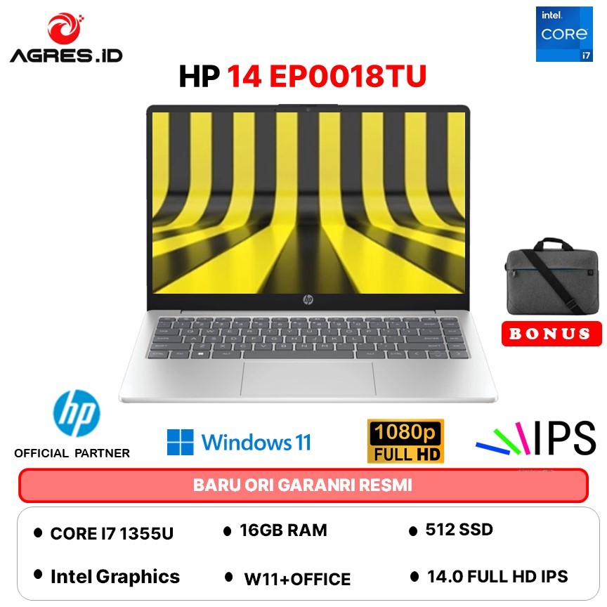 HP 14 INTEL CORE I7 1355U - RAM 16GB 512GB W11+OHS 14.0FHD IPS BLIT FP  SLV -EP0019TU - EP0018TU