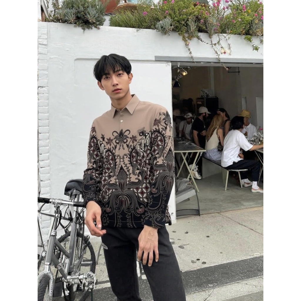 BENHILL Kemeja Pria Batik Modern Lengan Panjang Cotton Khaki A319-369