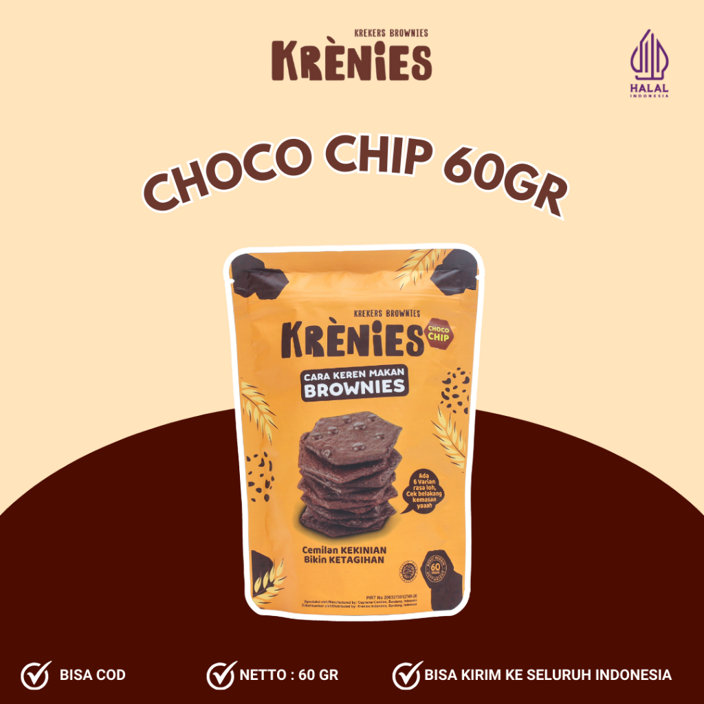 

KRENIES KREKERS BROWNIES - CEMILAN MANIS CRISPY BROWNIES KERING VARIAN 60GR CHOCO CHIP