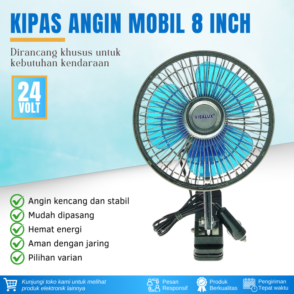 Kipas Angin Mobil 8 Inci DC 12 Volt Kipas Klip Aki Mobil 8 Inci Kipas DC Kipas Mobil Visalux Kipas A