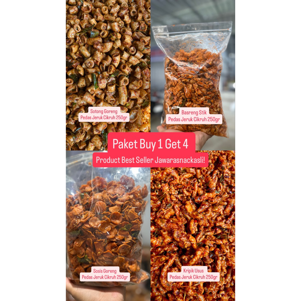 

1KG- BUNDLING BUY 1 GET 4 BEST SELLER (BASRENG+SOTONG+SOSIS+KRIPIKUSUS) JAWARASNACKASLI