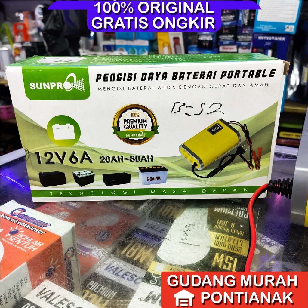 Pengecas Aki 6A / 5A Charger AKI 6 ampere 12V Sunpro 5 Ampere