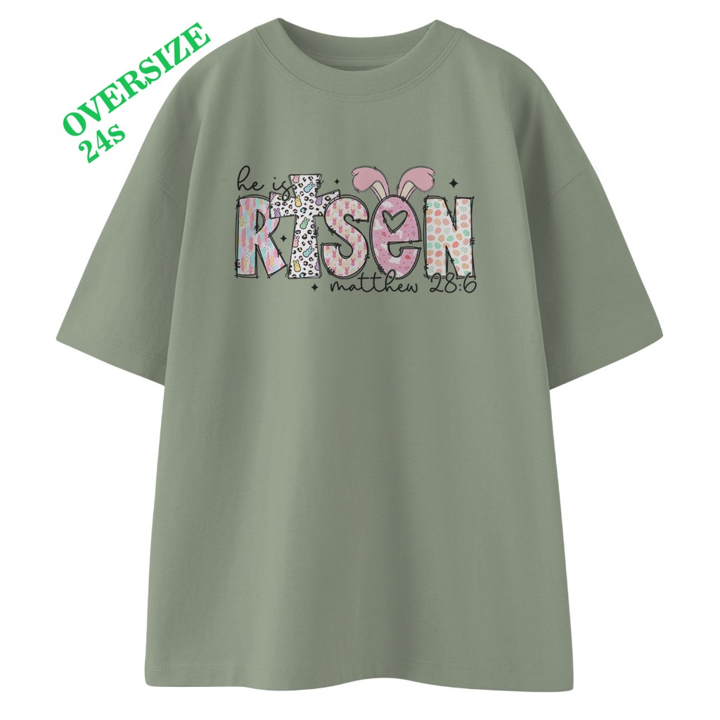 Kaos OVERSIZED He Is Risen Matthew 28 Bunny T-shirt Distro Unisex Pria Wanita Baju Rohani Kristen Ka