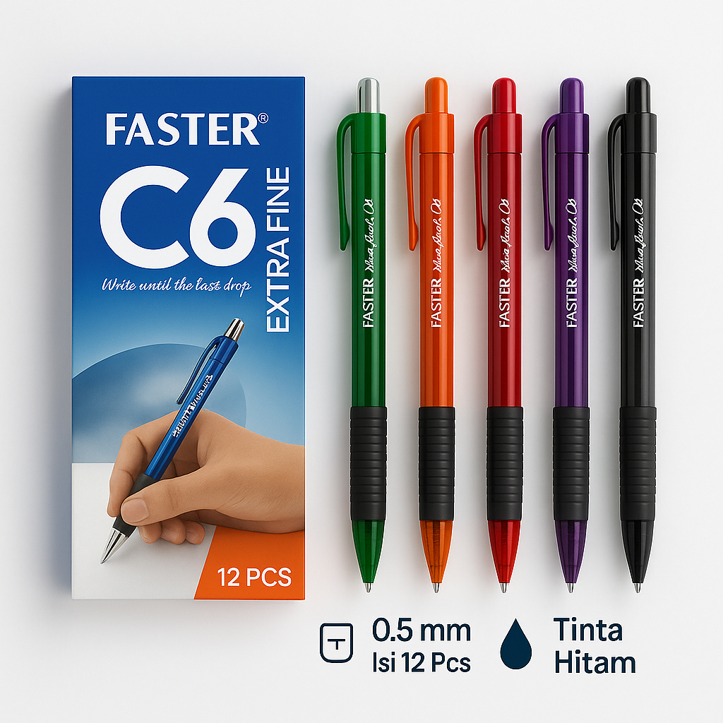 

Pulpen Faster C6 Warna Beragam Tinta Anti Luntur 0.7 mm Isi 12 Pcs