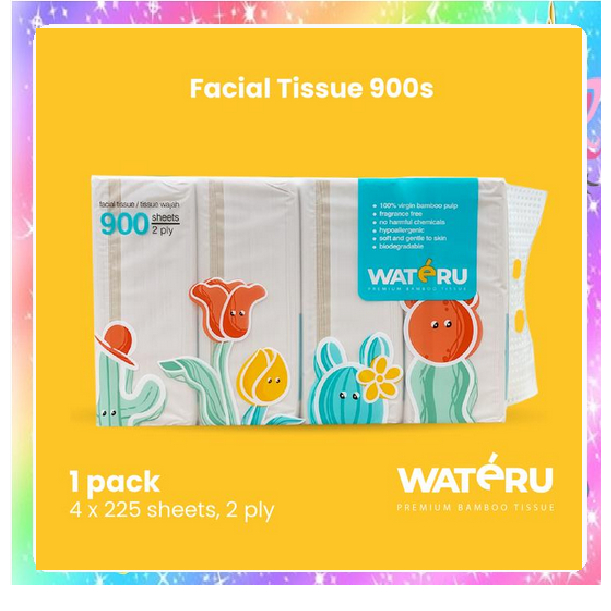 Wateru Facial Tissue 900s, 1 pack, 4 x 225 sheets | Natural & Unbleached | Wateru Premium Bamboo Tis