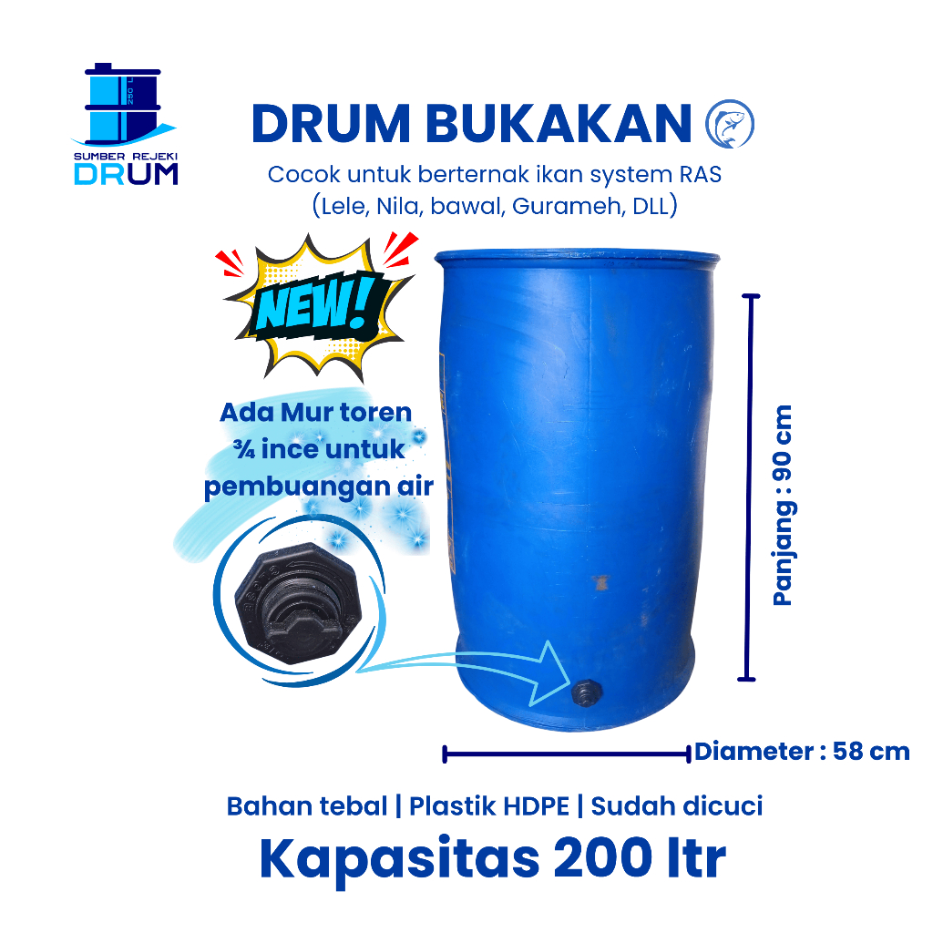 Drum plastik 200L sudah bukakan atas. Drum ikan, drum budidaya lele, drum kolam, tempat panen ikan