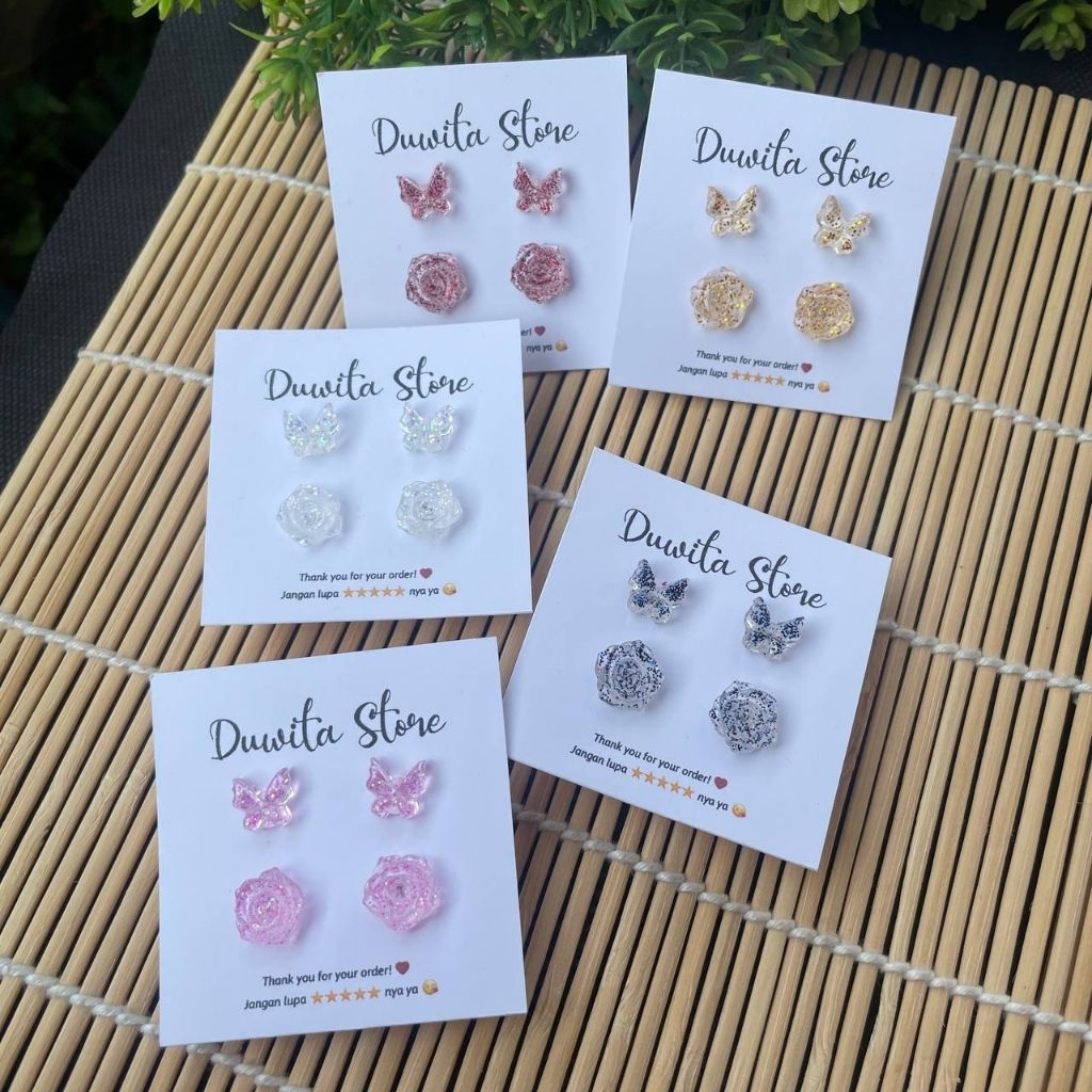 HANDMADE ANTING TUSUK PLASTIK DEWASA MOTIF KUPU-MAWAR BENING(BUNDLE)