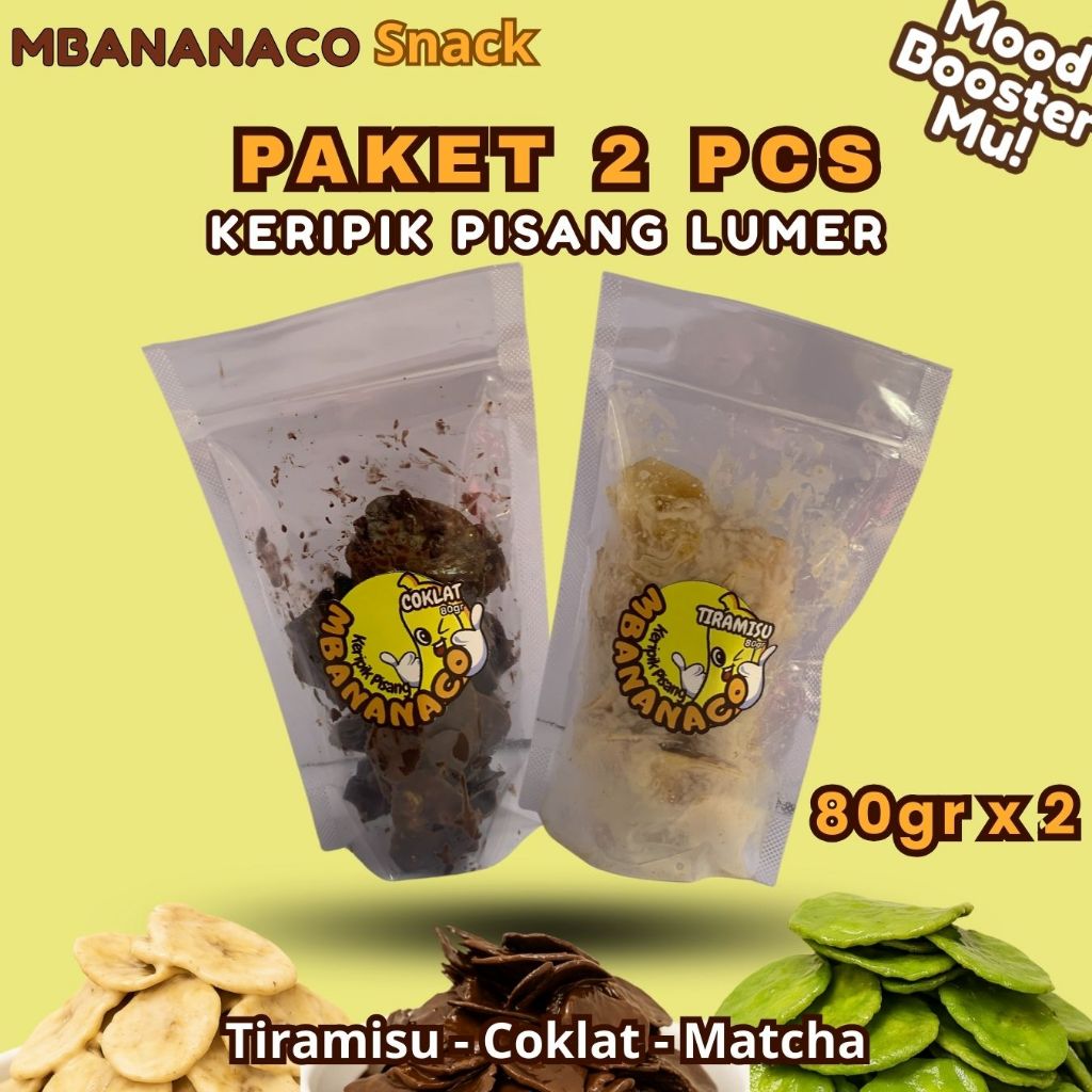 

MBANANACO - Paket2 Keripik pisang Coklat Tiramisu Matcha lumer 80gr Cokelat Cemilan Snack enak