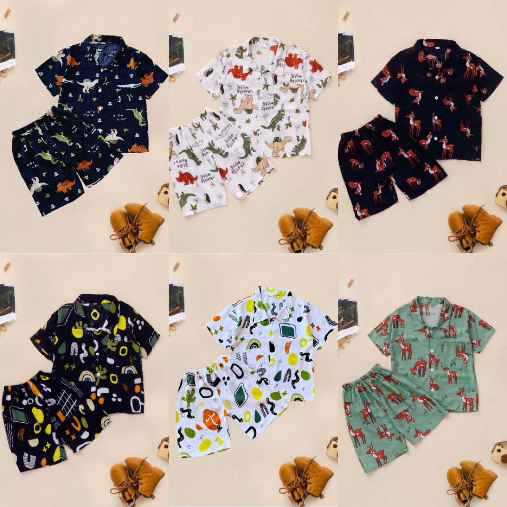 Baju Setelan Stelan One Set Rayon Kemeja Pantai Tidur  Anak Laki Laki Perempuan 1 2 3 4 5 tahun