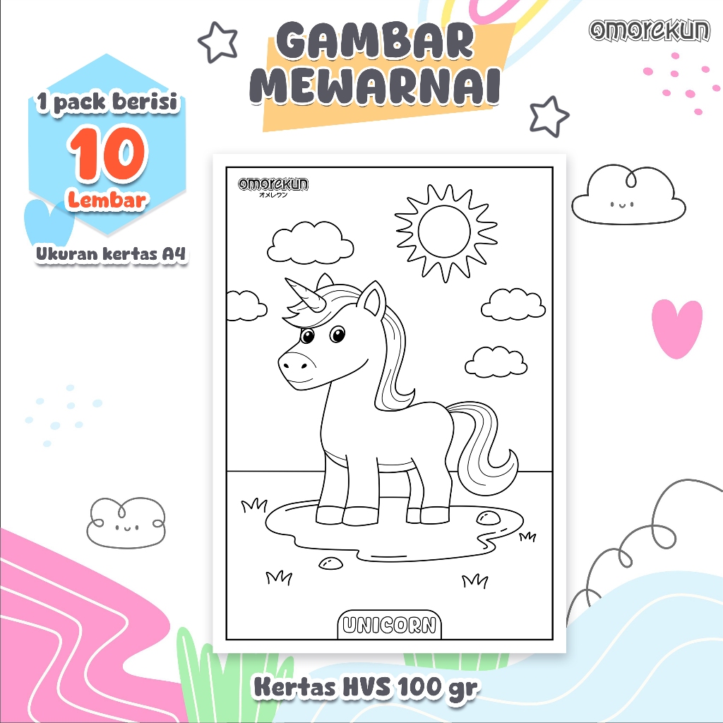 Kertas Gambar Mewarnai Unicorn Untuk Anak TK SD PAUD Kertas HVS 100gr Ukuran kertas A4 Bukan Buku Me