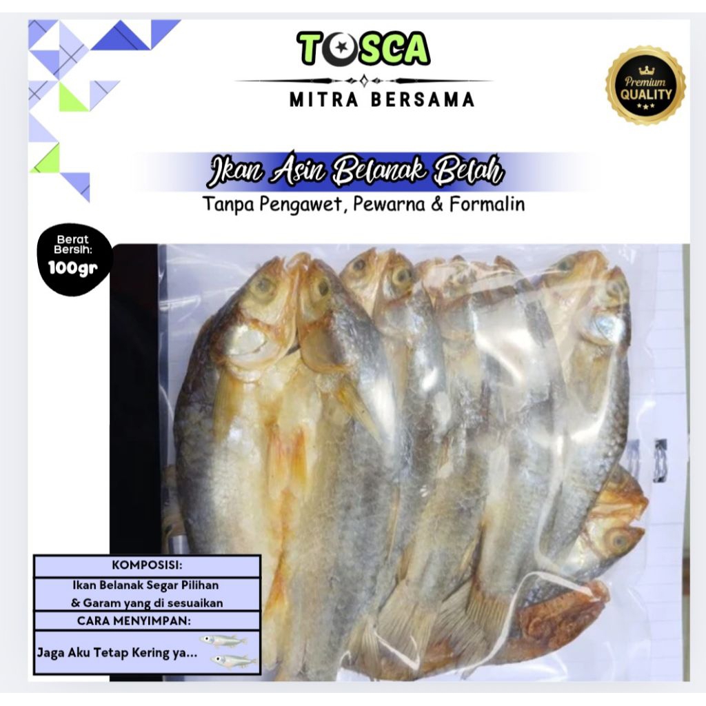 

Ikan Asin Belah Belanak Tosca 100 Gram, ikan kasar isi 6 - 8 ekor harga terjangkau kualitas premium, cocok untuk, oleh - oleh, persediaan stok dapur, & lauk anak kost.