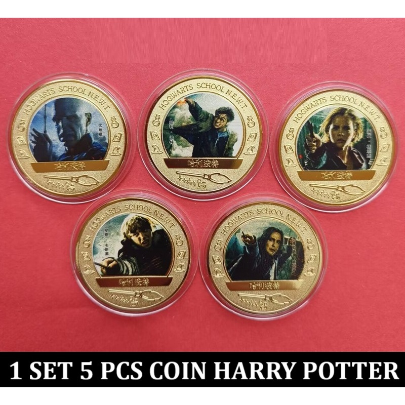 1 set 5 PCS Coin koin gold plated Harry Potter Harpot original import diameter 4 cm tebal kemasan mi