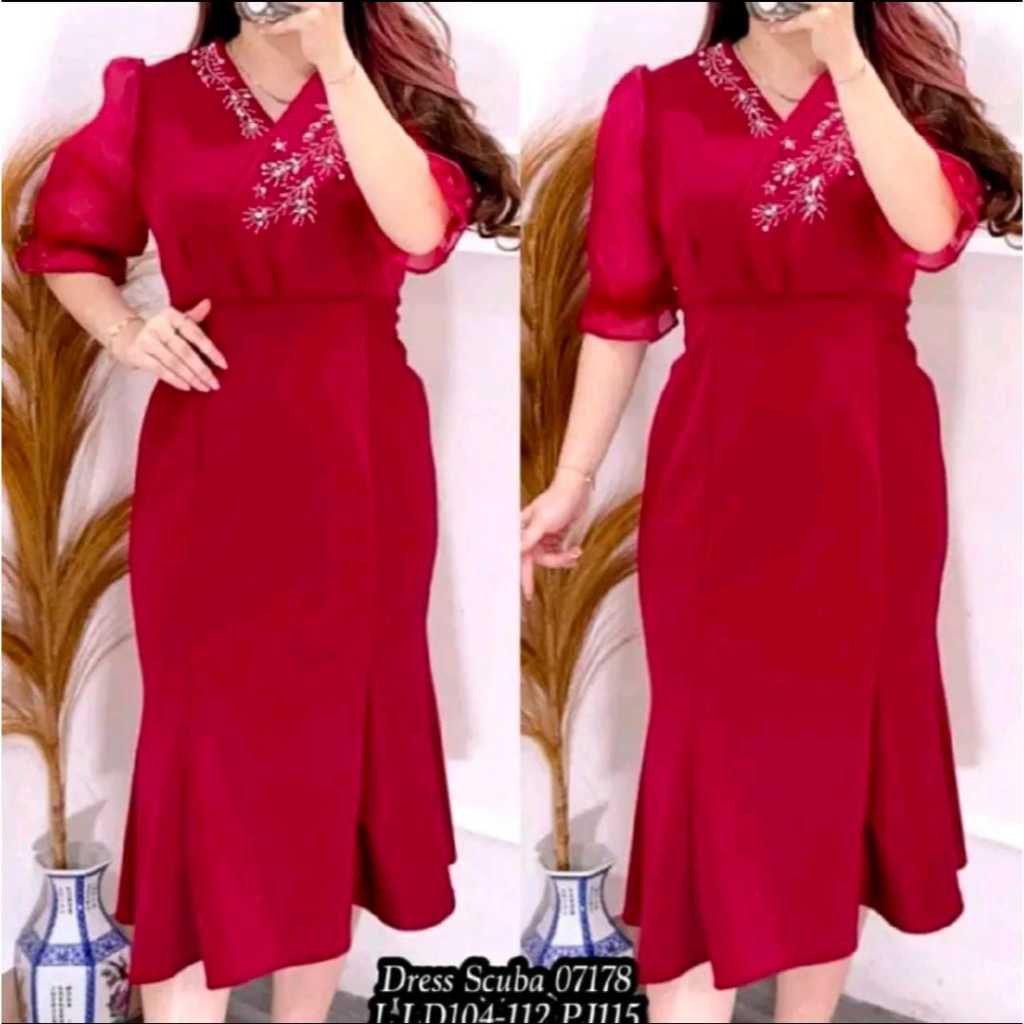 Dress Scuba Natal Kondangan Motek & Mutiara Import Organza Formal Brokat Pesta Wanita