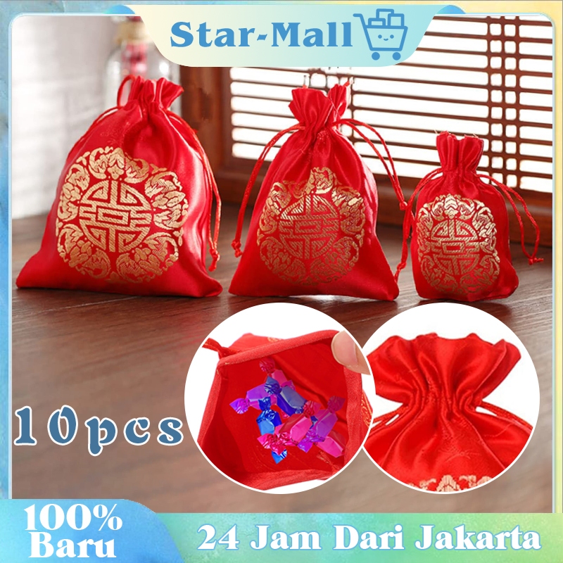 

10Pcs Kantong Serut Souvenir Wedding Xi Kantong Tile Chinese Wedding