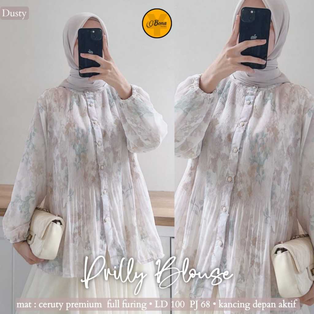 PRILLY BLOUSE CERUTY SIZE XL MOTIF TERBARU ATASAN WANITA LENGAN KERUT