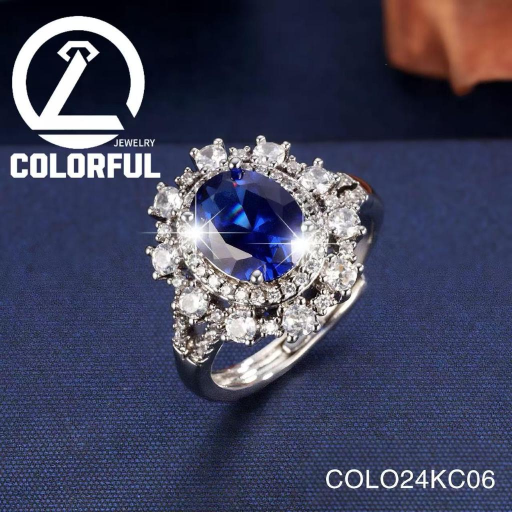 COLO24KC06 Cincin Zircon Biru Oval dengan Taburan Zircon Putih Mewah