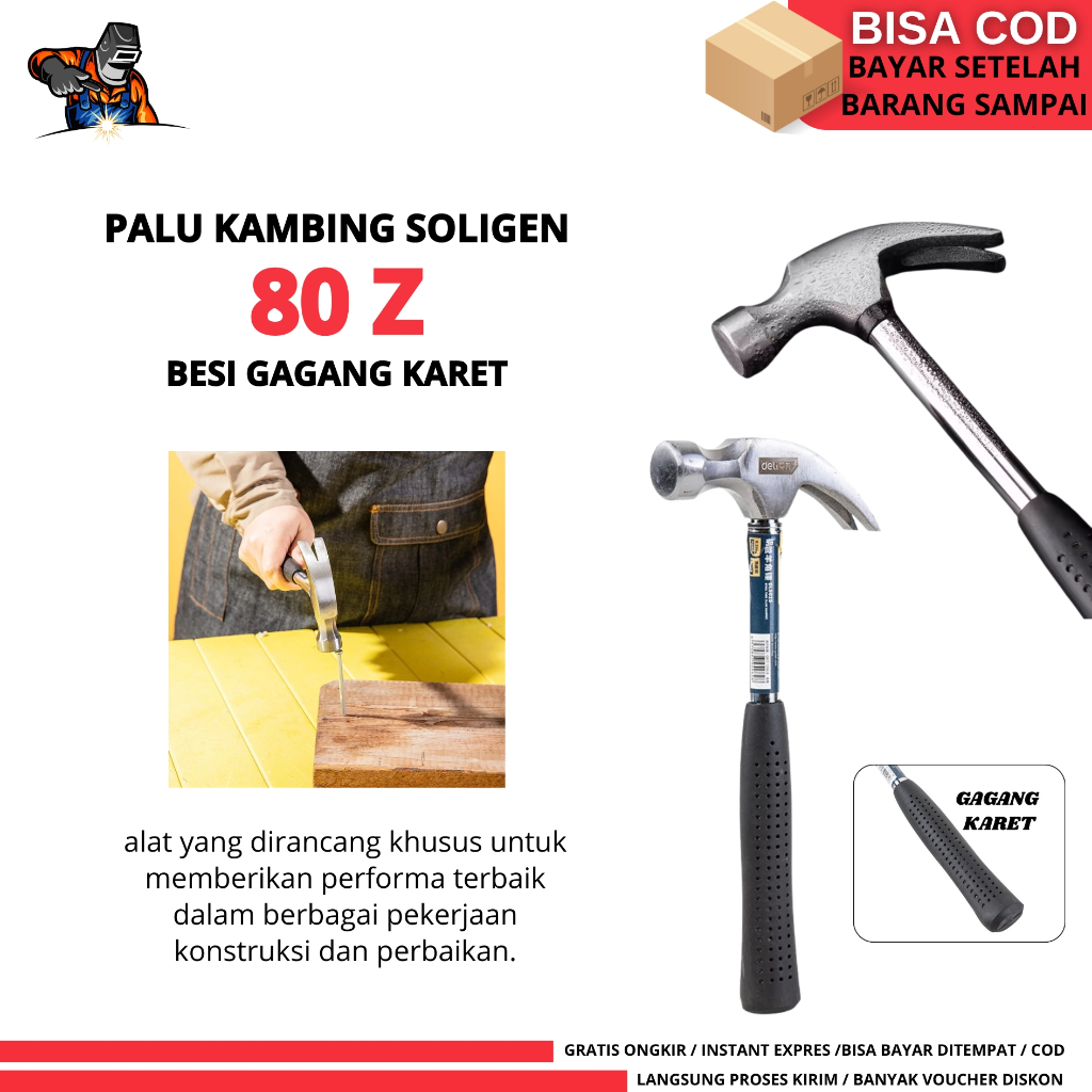 Soligen Palu Kambing Gagang Besi 8oz / Claw Hammer Grip Karet  Martil Cabut Paku Claw Hammer