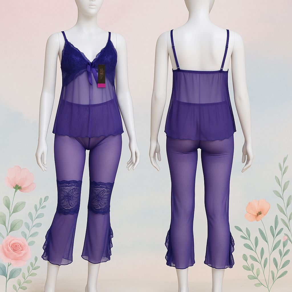 One Set Lingerie Transparan Dress Dan Celana Panjang Material Lace Premium SHPT03 by Miss Isyana Set