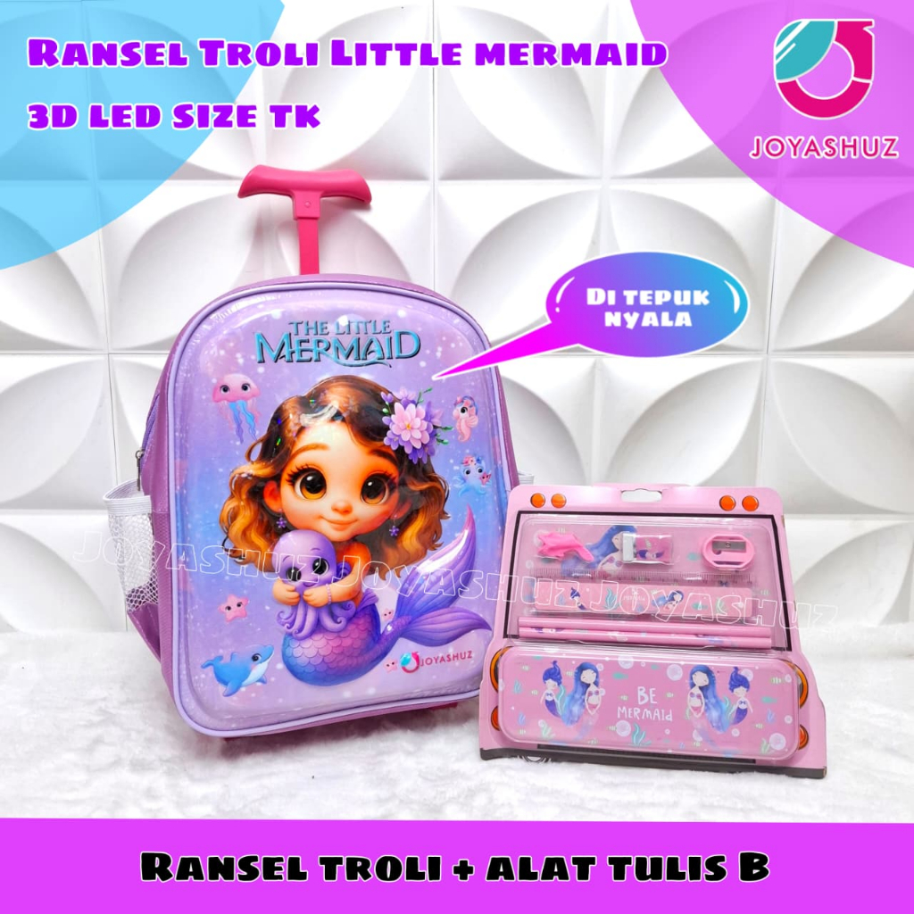 Tas Troli Anak TK Mermaid Paket Lengkap - Tas Anak Perempuan 3D -  Tas Koper Anak TK - Tas Mermaid 3