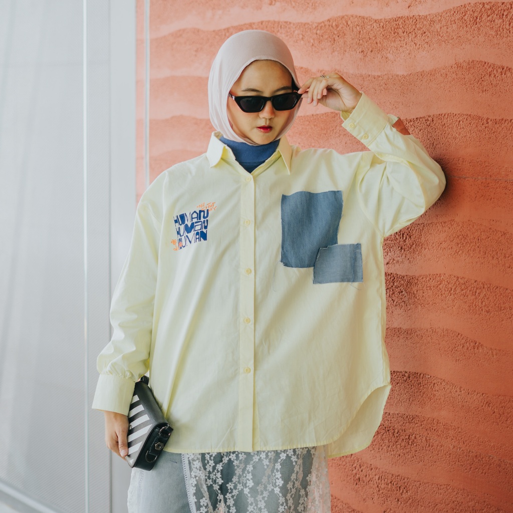 Counique Atasan Kemeja Wanita Lengan Panjang Oversized Shirt katun kuning soft jeans denim LD 120 - 