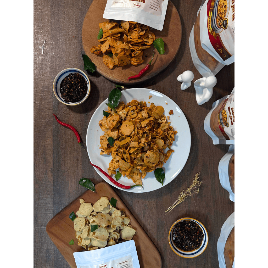 

Paket 4 Pcs Basreng Daun Jeruk Balado, Chili Oil, Original - 100 gram