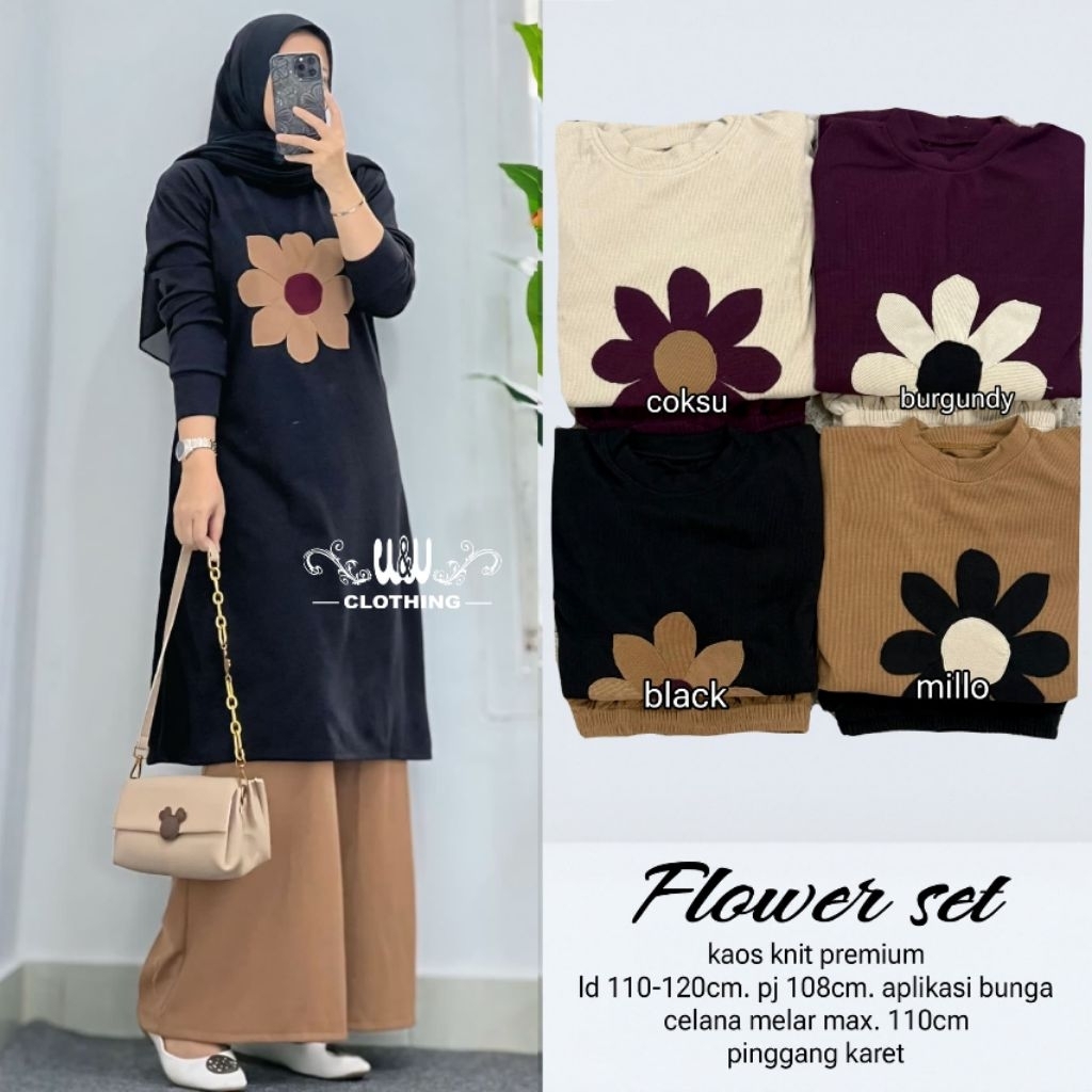 Flower Set By W&W Clothing Setelan Baju Muslim Wanita Simple Terbaru Kekinian Motif Bunga Bahan Kaos