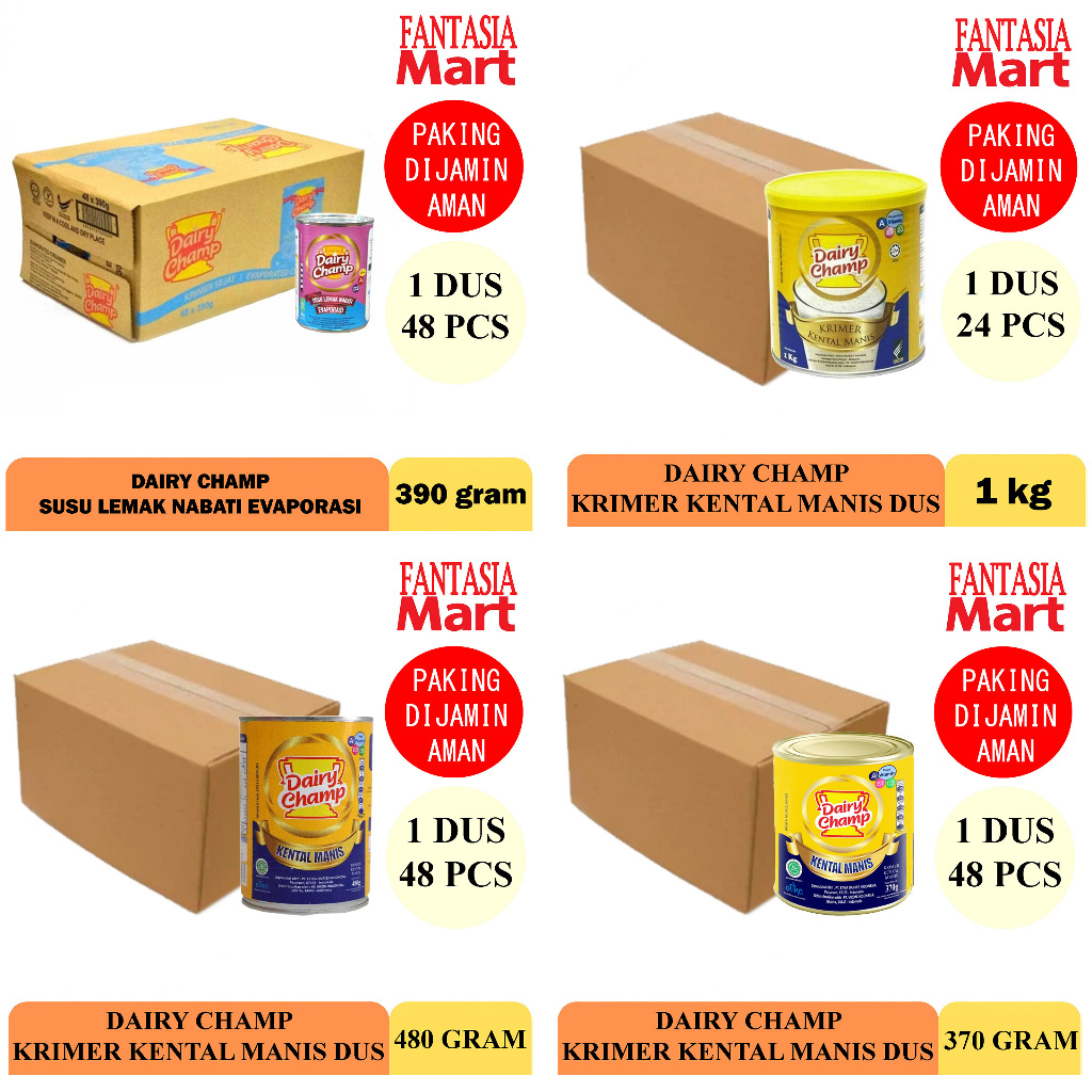 

DAIRY CHAMP SUSU EVAPORASI EVAPORATED MILK LEMAK NABATI TIN KALENG 390 GRAM DUS 48 PCS FANTASIA DENGAN PAKING AMAN