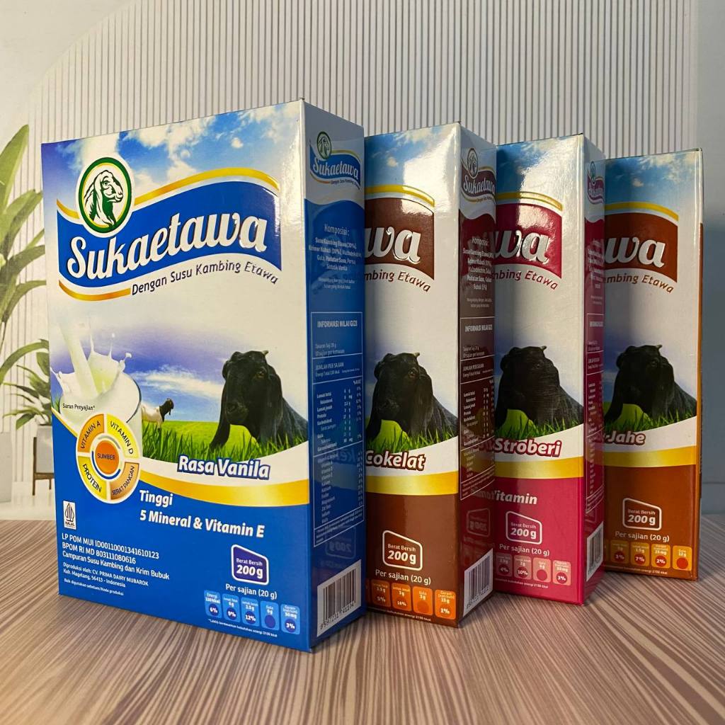 

Susu Kambing Etawa Suka Etawa 200g | Vanila, Coklat, Stroberi, Jahe | Tinggi Kalsium & Vitamin E