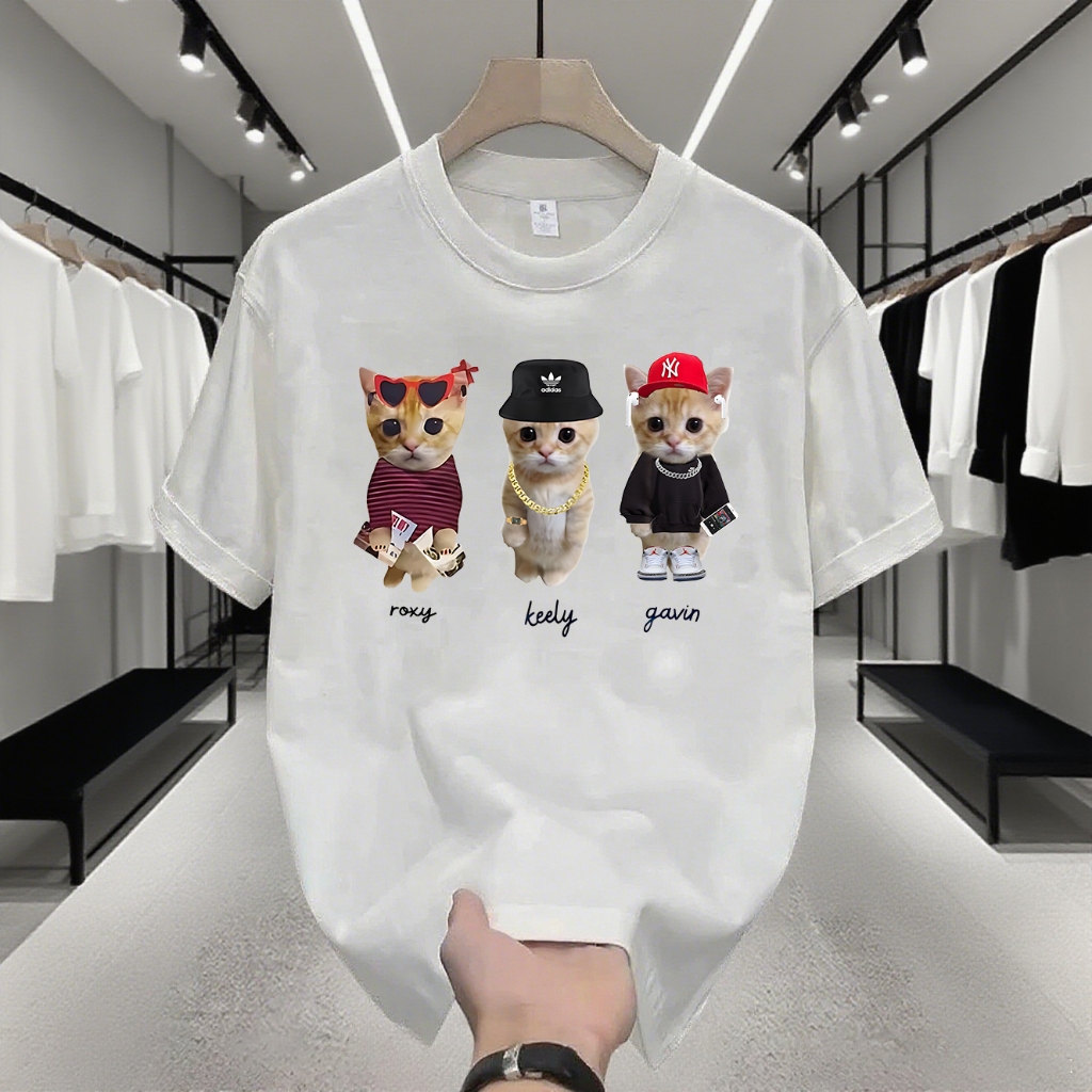 ✨COD✨Kaos T - Shirt Katun 100% Lengan Pendek, Motif Hewan Kucing Meme, Gaya Ins, Jalan Utama, Retro,