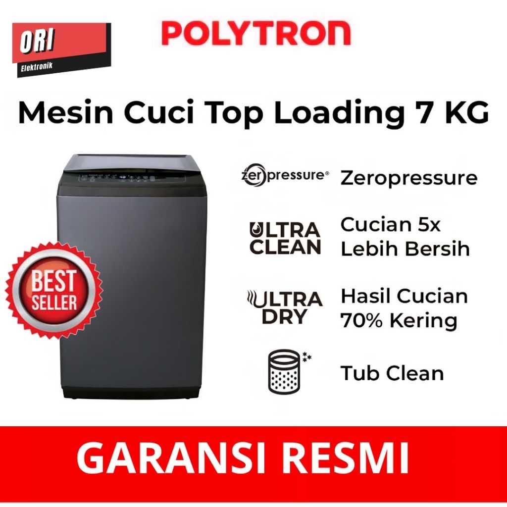 POLYTRON MESIN CUCI TOP LOADING 1 TABUNG OTOMATIS HIJAB SERIES 7KG PAW-7029
