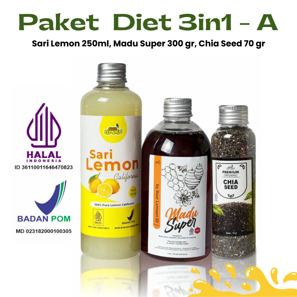 

Suur Lemoen Paket 3 in 1 Sari Lemon Chia Seeds Madu Super Murni