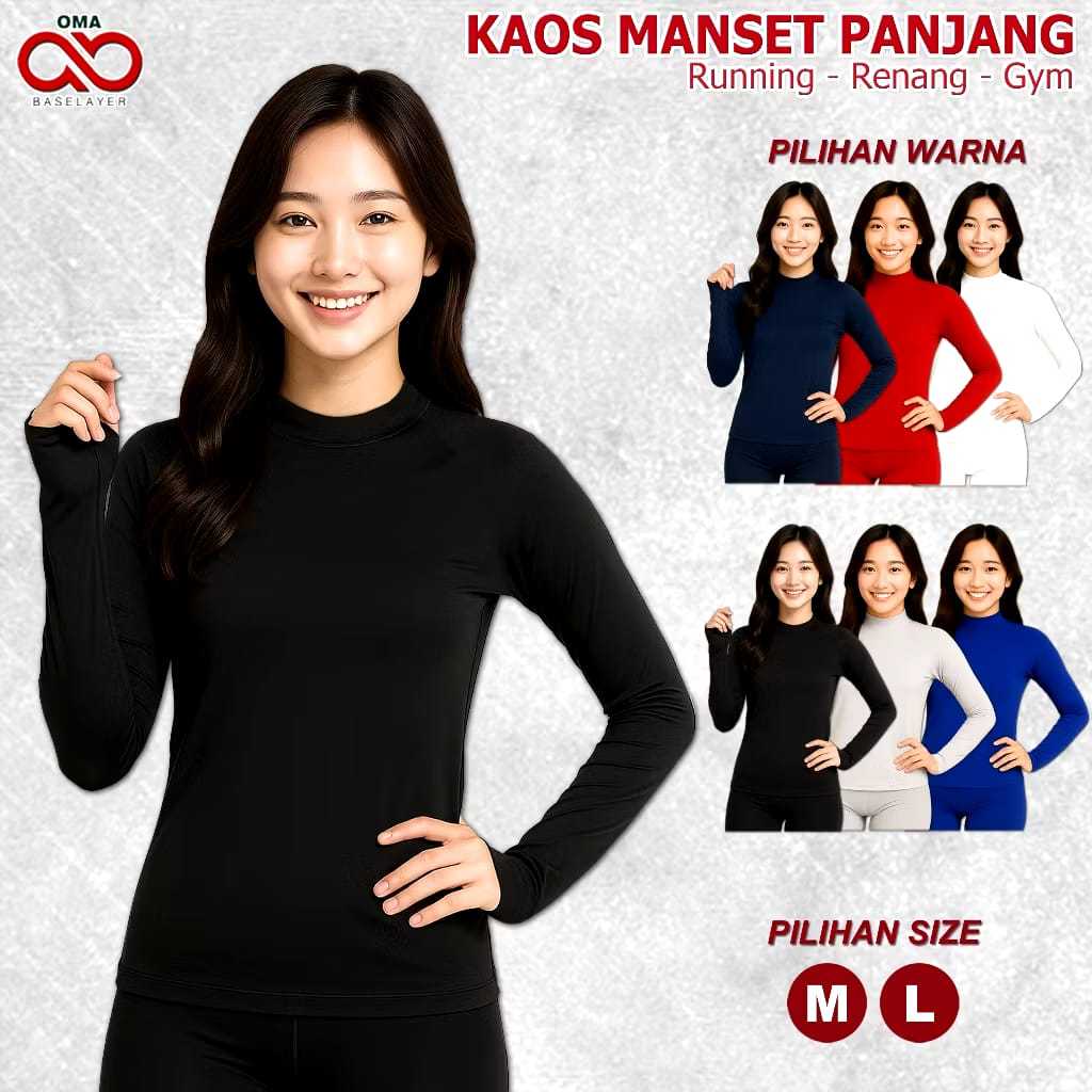 Baju Kaos Baselayer Manset Olahraga Wanita Lengan Panjang Running Renang Jogging Warna