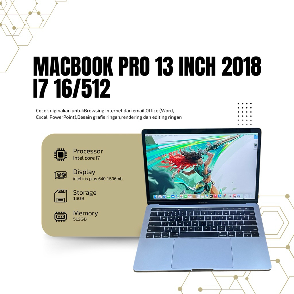 MacBook Pro 13 Inch 2018 i7 | RAM 16GB | SSD 512GB | Siap Kerja & Desain