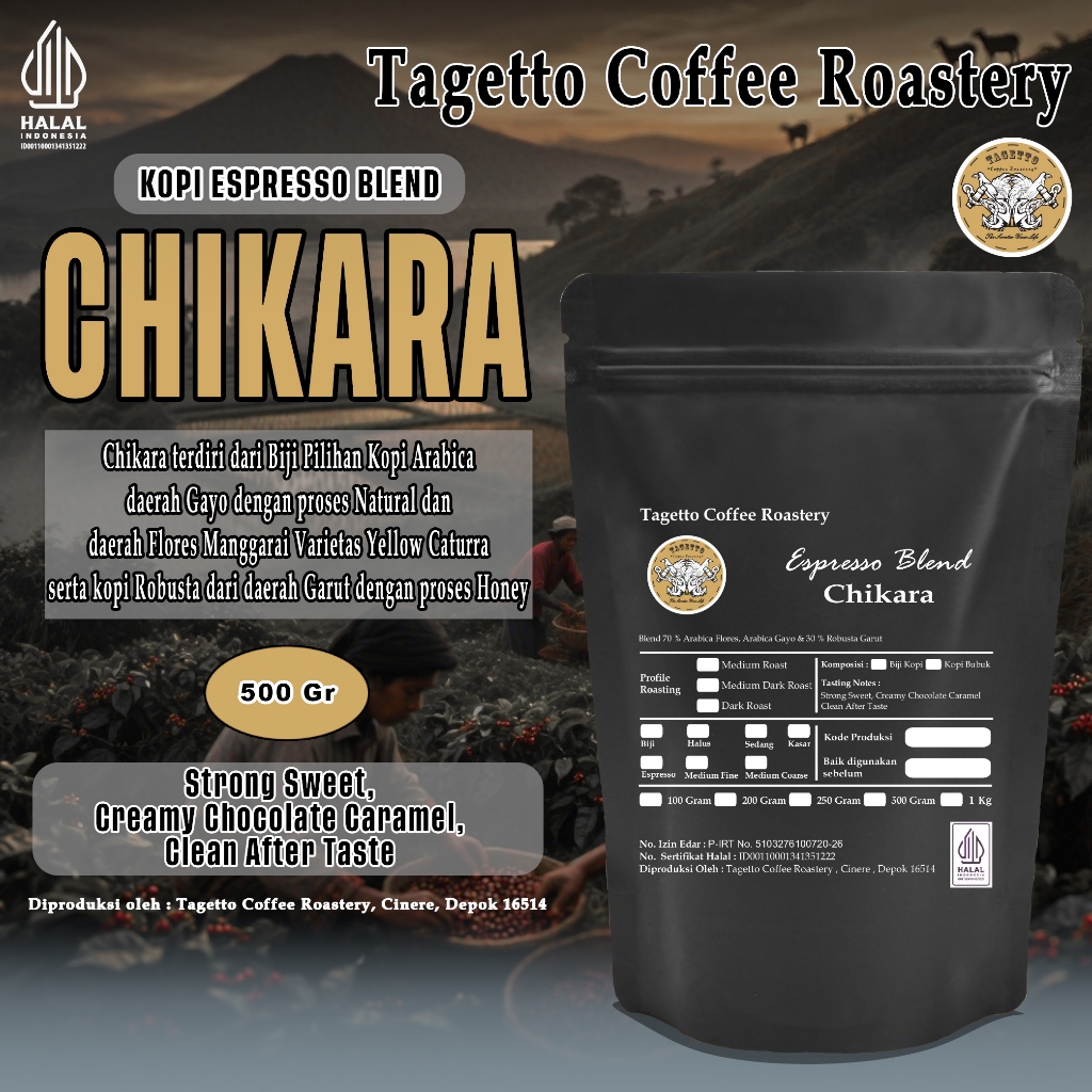 

KOPI ESPRESSO BLEND CHIKARA 500GR (HOUSE BLEND) | BEAN GROUND BIJI BUBUK 500 GRAM TAGETTO COFFEE ROASTERY